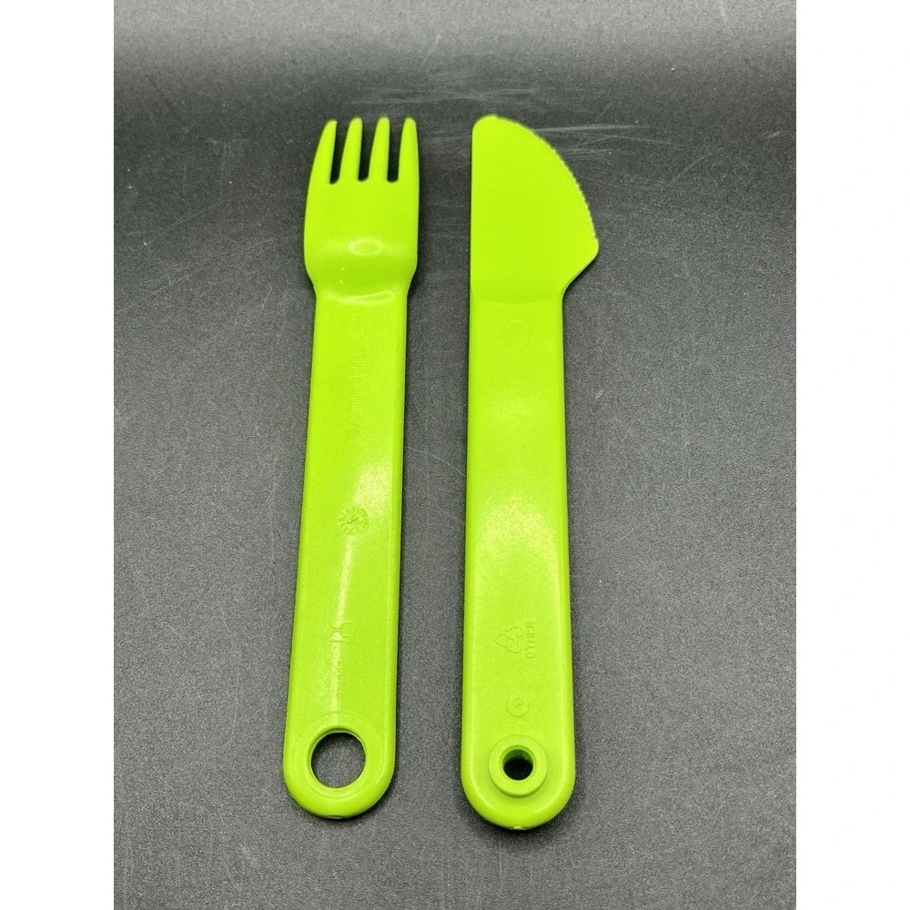 Tupperware Baby Child Kid Fork Knife Travel Feeding Utensils Set Verde Green Vtg